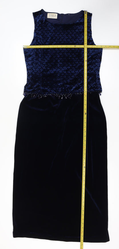 Jessica Petites Blue Velvet Beaded Sleeveless Knee Length Sheath Dress Size 16