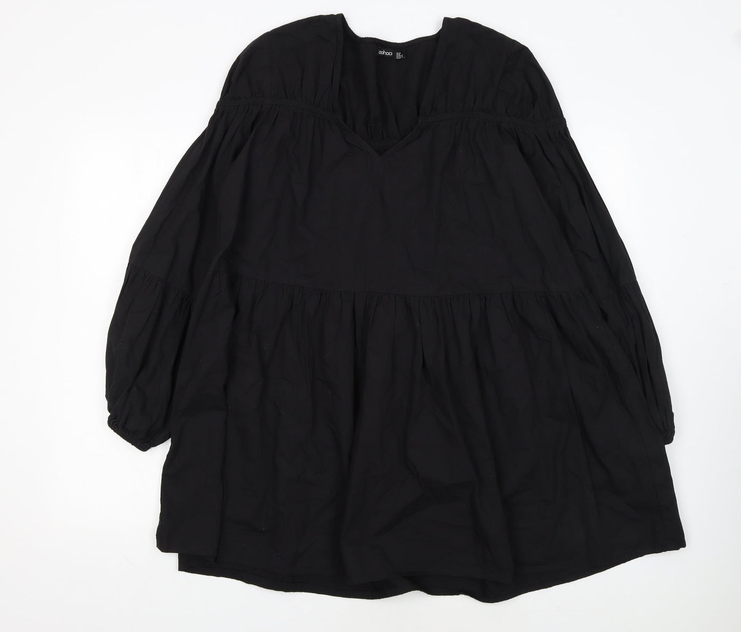 Boohoo Womens Black Cotton Smock V-Neck Long Sleeve Short Dress Size 12