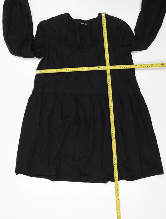 Boohoo Womens Black Cotton Smock V-Neck Long Sleeve Short Dress Size 12
