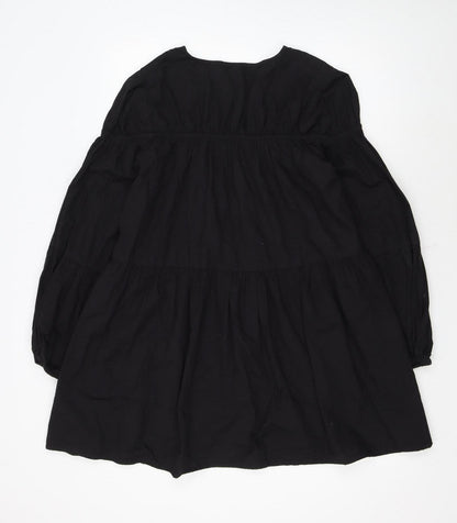 Boohoo Womens Black Cotton Smock V-Neck Long Sleeve Short Dress Size 12