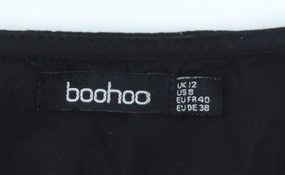 Boohoo Womens Black Cotton Smock V-Neck Long Sleeve Short Dress Size 12
