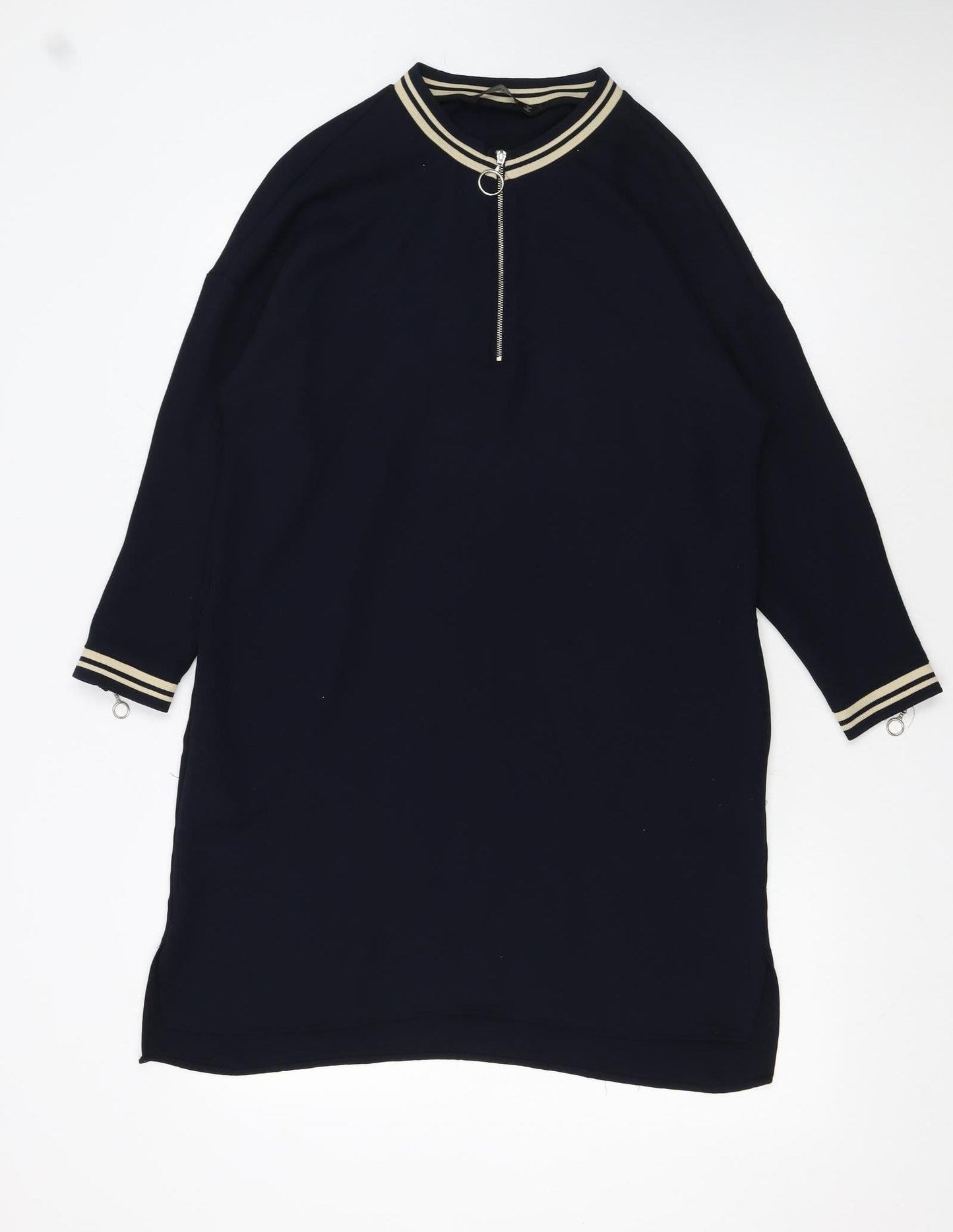 Zara Women Black Shift Dress S High Neck Zip Knit Casual Classic