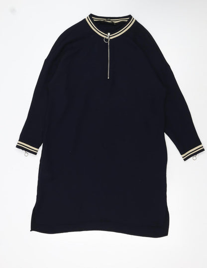 Zara Women Black Shift Dress S High Neck Zip Knit Casual Classic