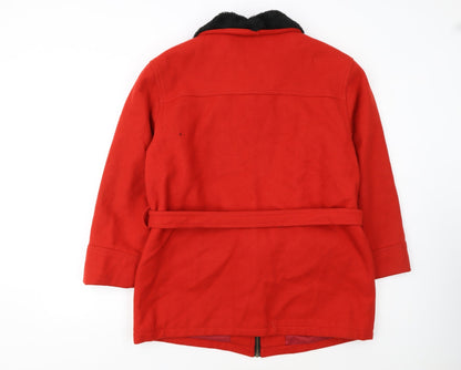 North Legend Women's Red Wool Coat with Faux Fur Collar Belted M