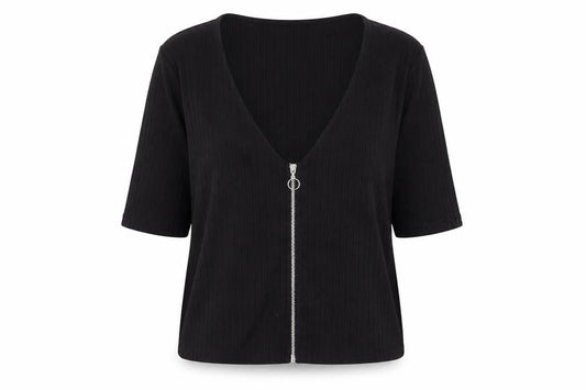 River Island Women’s Black Ribbed Zip Front Cropped Top Size 14