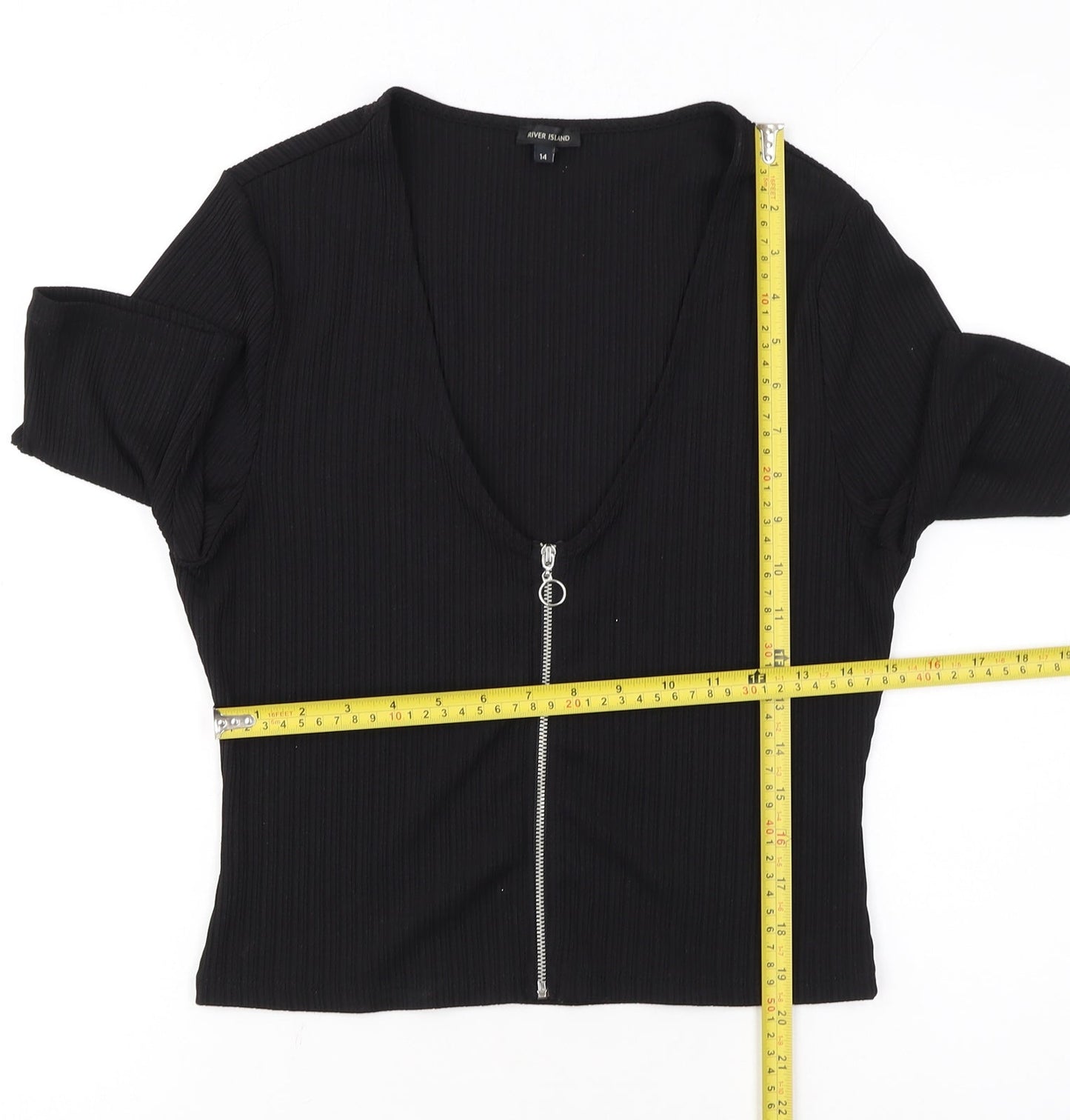 River Island Women’s Black Ribbed Zip Front Cropped Top Size 14