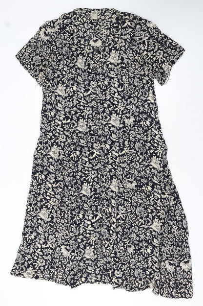C&A Women’s Black Floral Midi A-Line Dress Size 16 Short Sleeve
