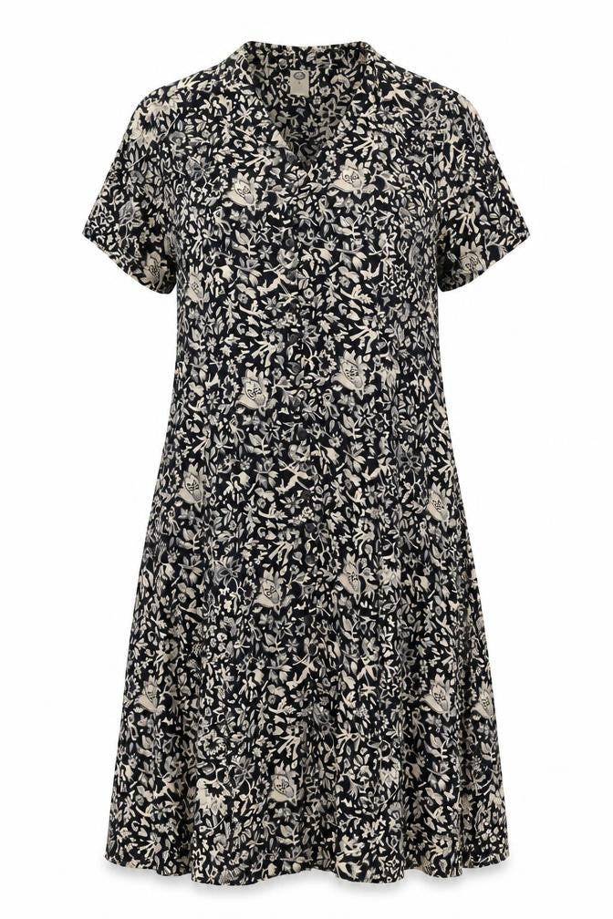 Front view of C&A Women’s Black Floral Midi A-Line Dress, size UK 16, Short Sleeve