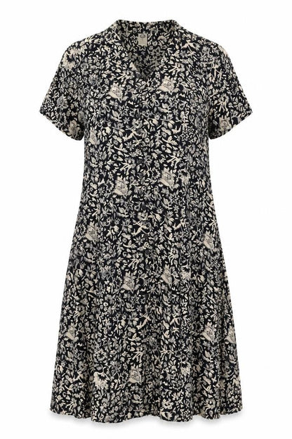 Front view of C&A Women’s Black Floral Midi A-Line Dress, size UK 16, Short Sleeve
