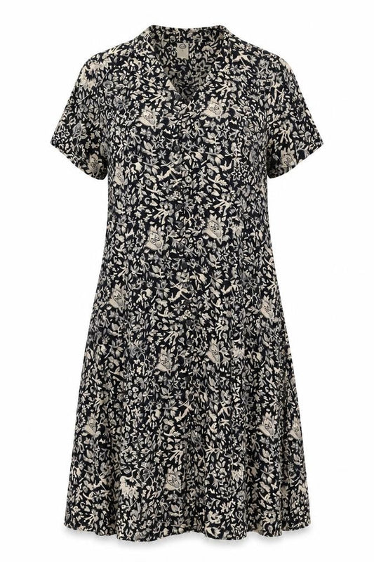 Front view of C&A Women’s Black Floral Midi A-Line Dress, size UK 16, Short Sleeve