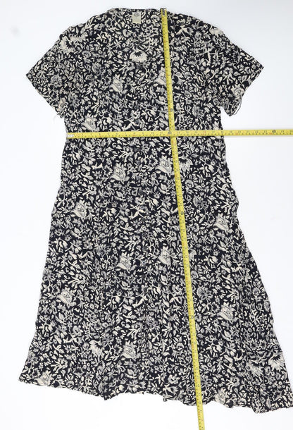 C&A Women’s Black Floral Midi A-Line Dress Size 16 Short Sleeve
