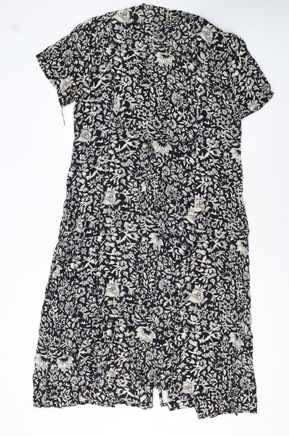 C&A Women’s Black Floral Midi A-Line Dress Size 16 Short Sleeve