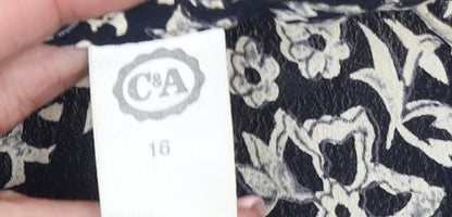 C&A Women’s Black Floral Midi A-Line Dress Size 16 Short Sleeve