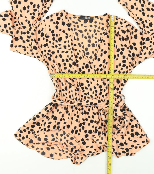 Quiz Womens Beige Leopard Wrap Ruffle Blouse Size 8