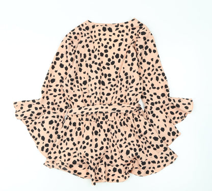 Quiz Womens Beige Leopard Wrap Ruffle Blouse Size 8