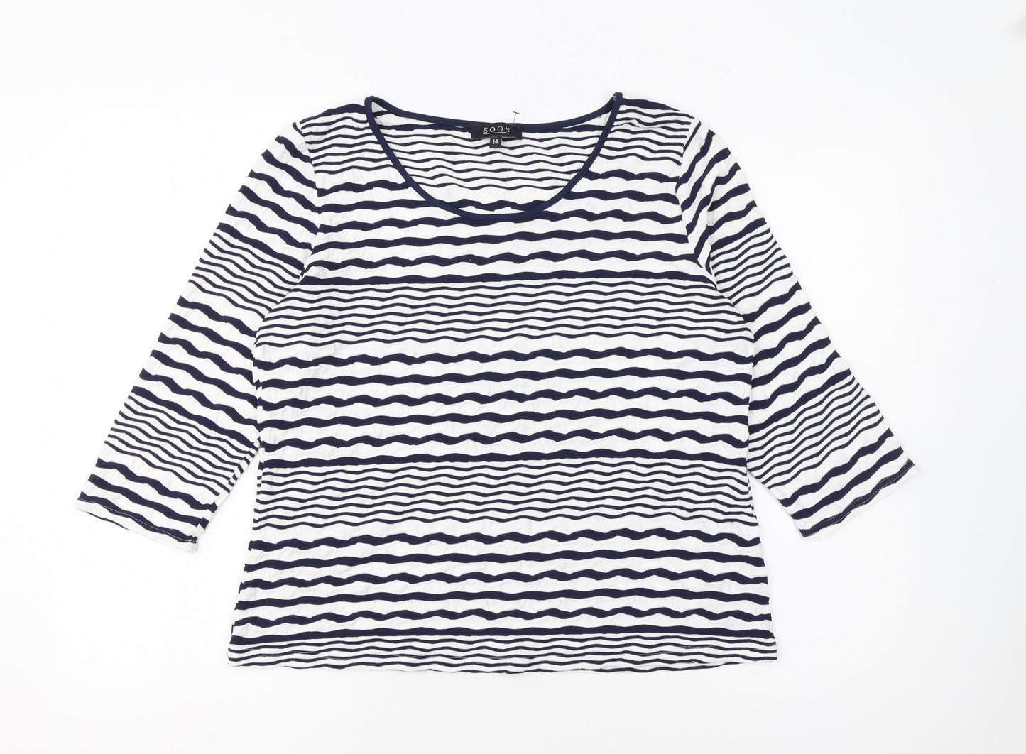 Soon Women Blue White Striped 3/4 Sleeve Jersey T-Shirt Size 14