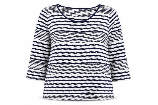 Front view of Soon Women Blue White Striped 3/4 Sleeve Jersey T-Shirt, size 14