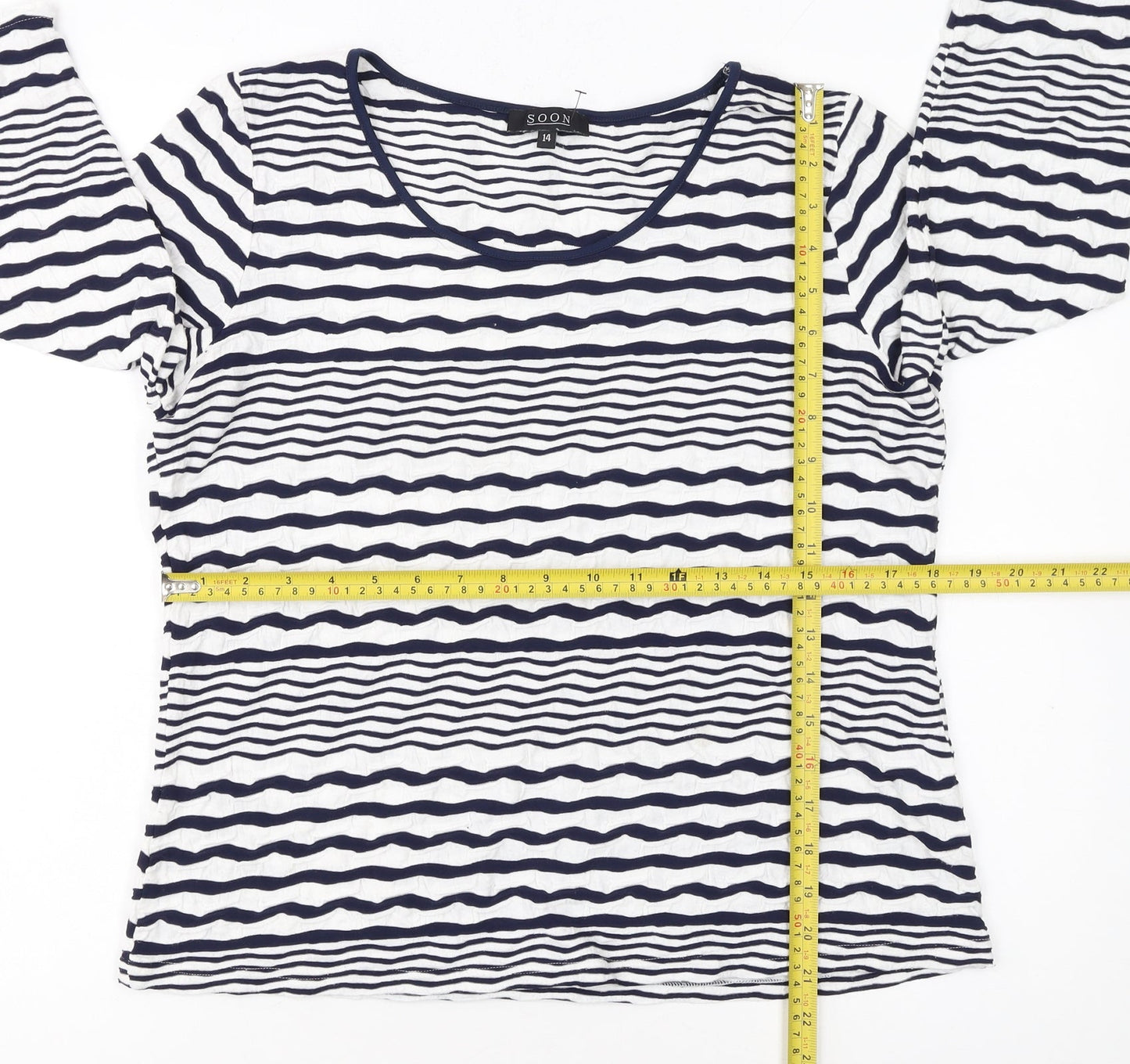 Soon Women Blue White Striped 3/4 Sleeve Jersey T-Shirt Size 14