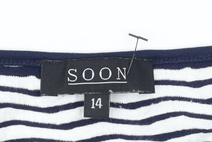 Soon Women Blue White Striped 3/4 Sleeve Jersey T-Shirt Size 14