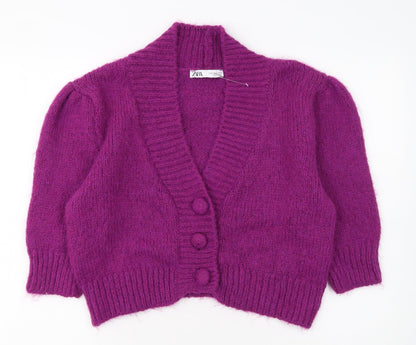 Zara Women Purple Chunky Knit Cardigan Size S V-Neck Wool Blend
