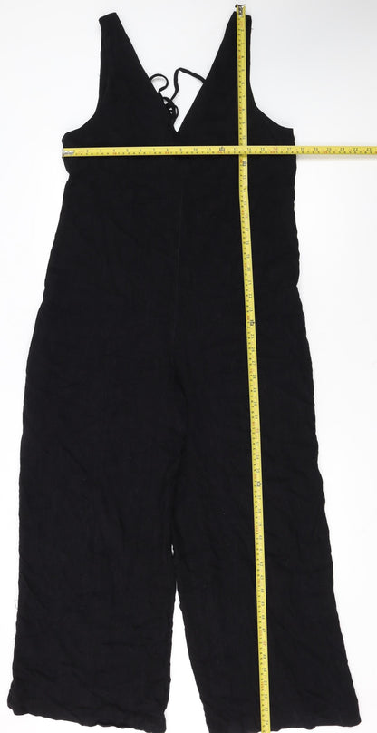 Topshop Women Black Linen Blend Wide Leg Sleeveless Jumpsuit UK 10