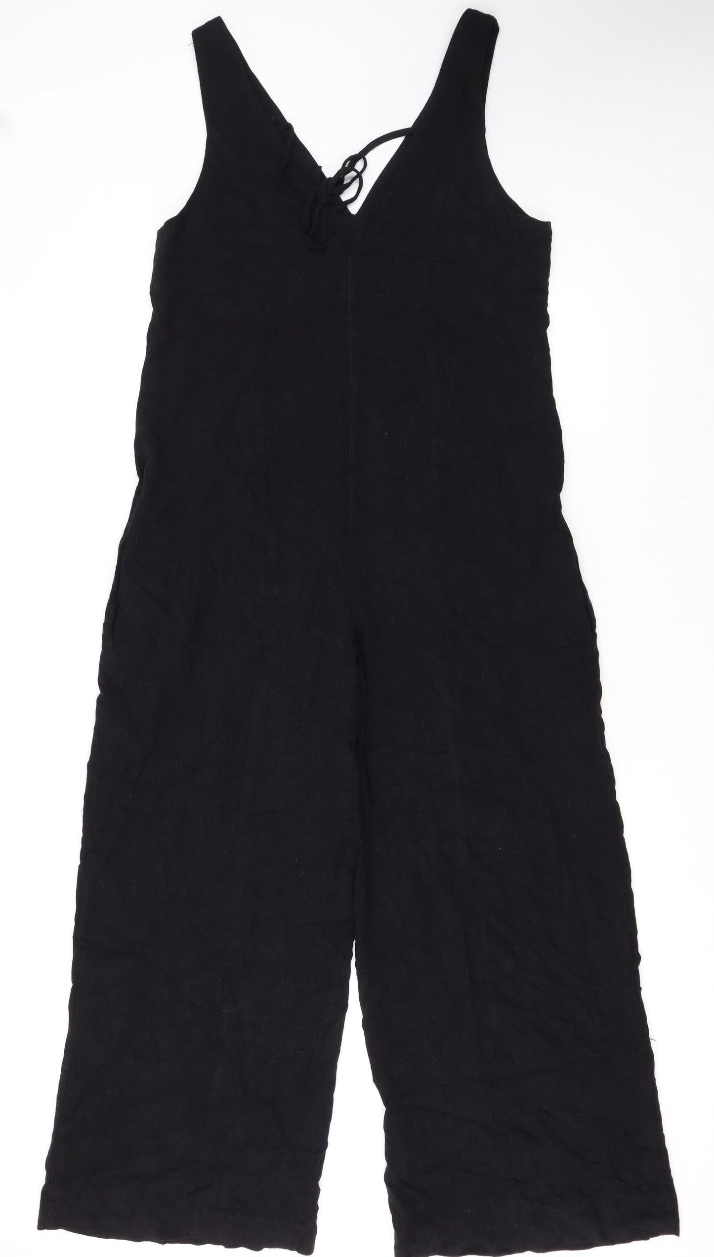 Topshop Women Black Linen Blend Wide Leg Sleeveless Jumpsuit UK 10