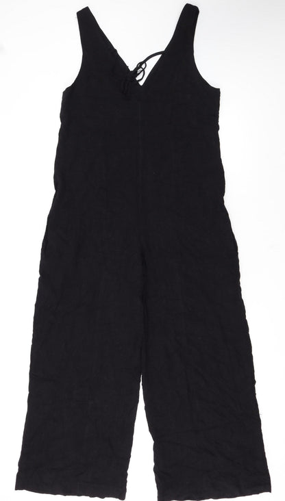 Topshop Women Black Linen Blend Wide Leg Sleeveless Jumpsuit UK 10