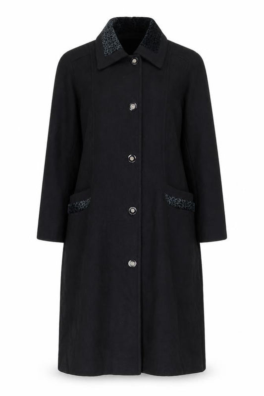 Front view of Gallery Women’s Black Wool Long Overcoat Petite, size UK 11-12