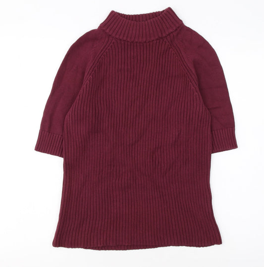Lands' End Women Petite Burgundy Mock Neck Short Sleeve Cotton Jumper M