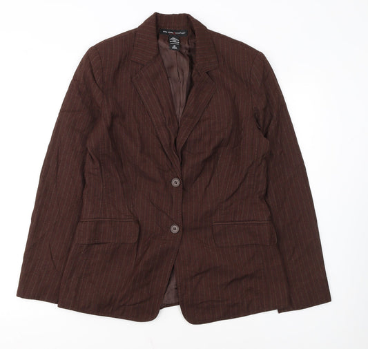 New York & Company Women Brown Pinstripe Blazer Size 12 Classic Fit