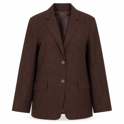 New York & Company Women Brown Pinstripe Blazer Size 12 Classic Fit