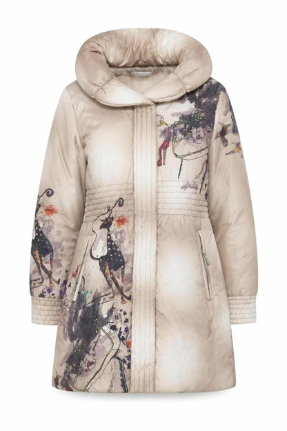Libra Women Beige Printed Puffer Coat Size 10 Hooded Quilted Winter Jacket