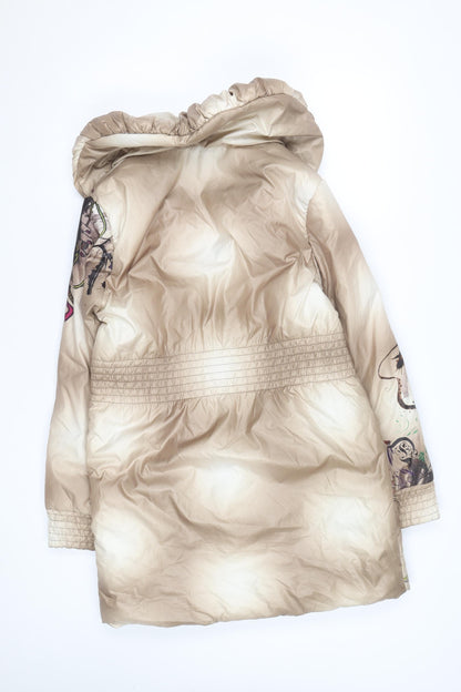 Libra Women Beige Printed Puffer Coat Size 10 Hooded Quilted Winter Jacket