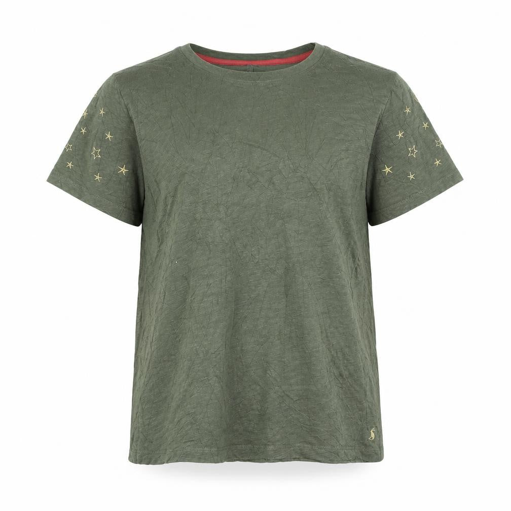 Front view of Joules unisex adults green cotton star embroidered short sleeve t-shirt l