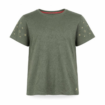 Front view of Joules unisex adults green cotton star embroidered short sleeve t-shirt l