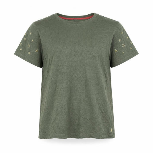 Front view of Joules unisex adults green cotton star embroidered short sleeve t-shirt l