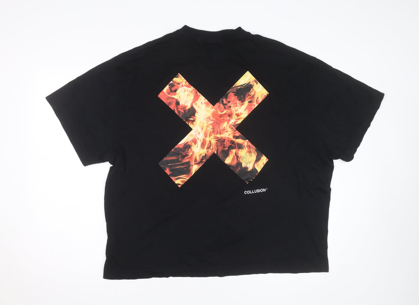 Collusion Men's Black Graphic Fire Print Relaxed Fit T-Shirt Size L