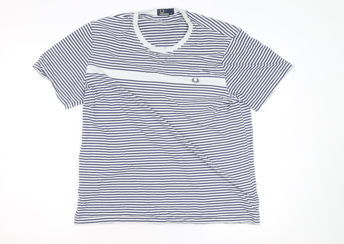 Fred Perry Men's Navy White Striped Crew Neck Cotton T-Shirt XL