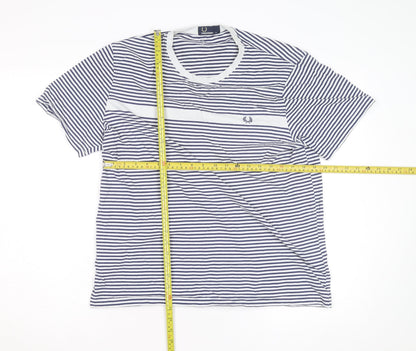 Fred Perry Men's Navy White Striped Crew Neck Cotton T-Shirt XL