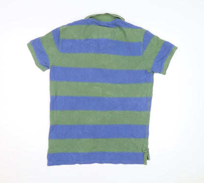 Fat Face Men’s Green Blue Striped Polo Shirt M Regular Fit Cotton