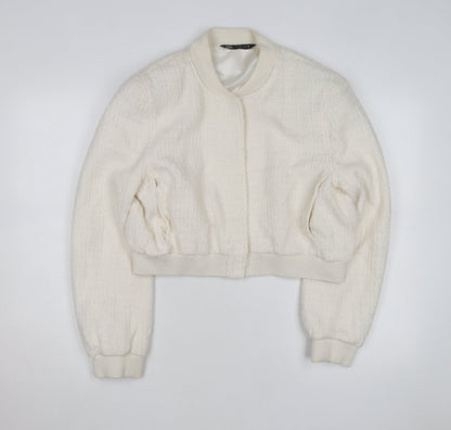 ZARA Women Ivory Textured Cropped Bomber Jacket Size L