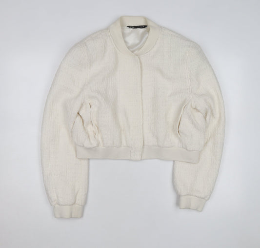 ZARA Women Ivory Textured Cropped Bomber Jacket Size L