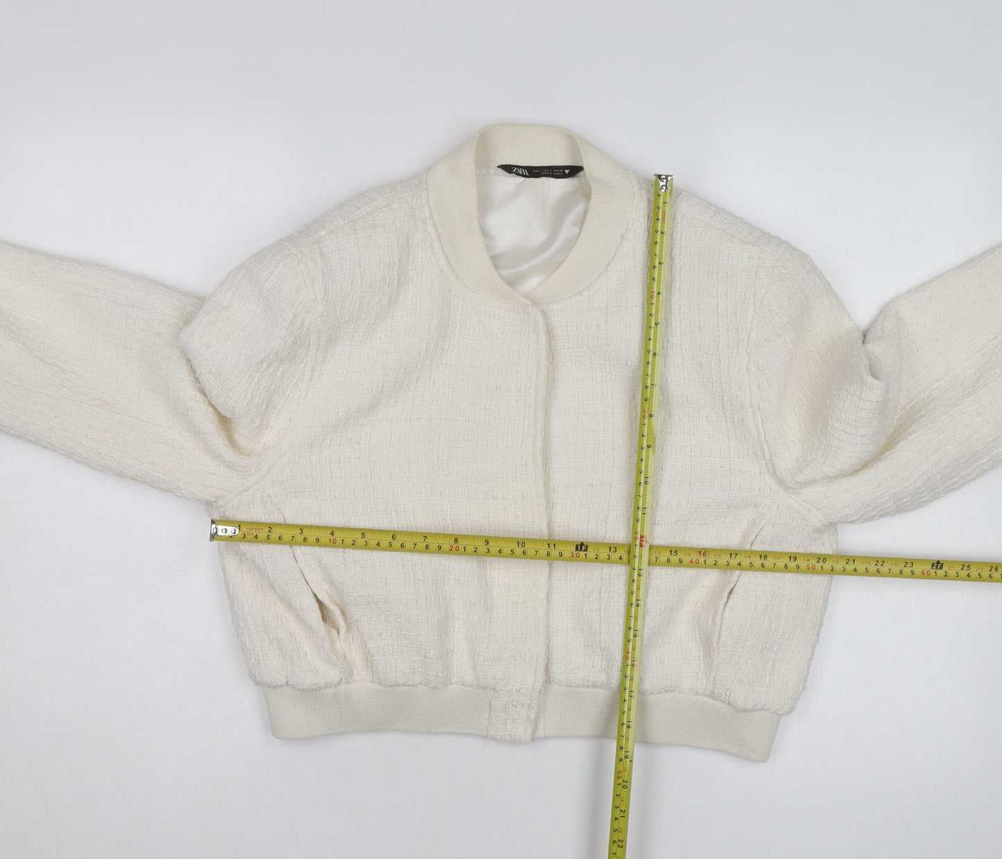 ZARA Women Ivory Textured Cropped Bomber Jacket Size L