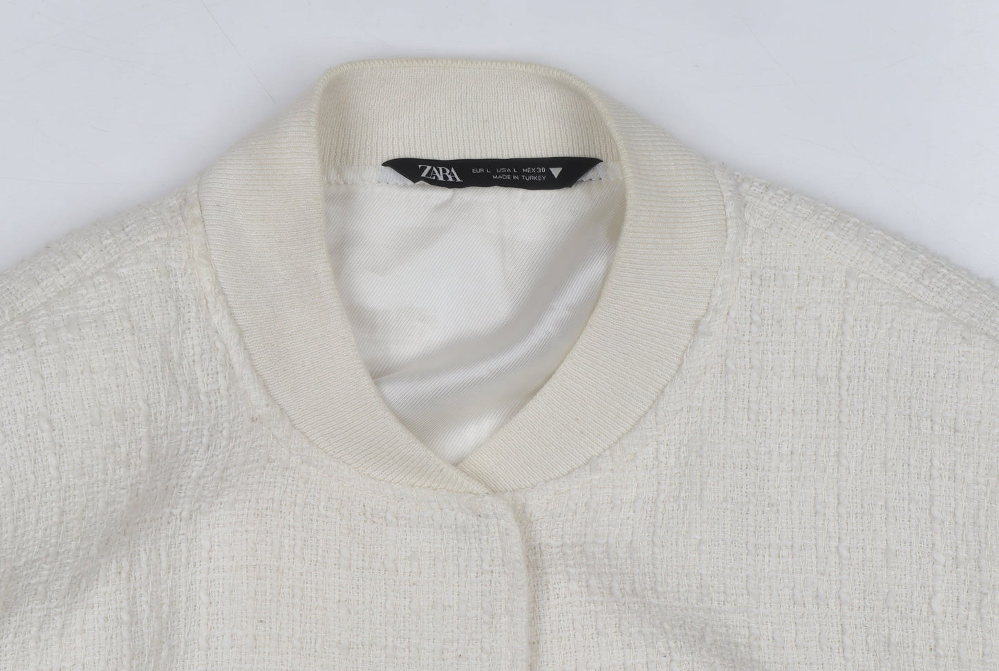ZARA Women Ivory Textured Cropped Bomber Jacket Size L