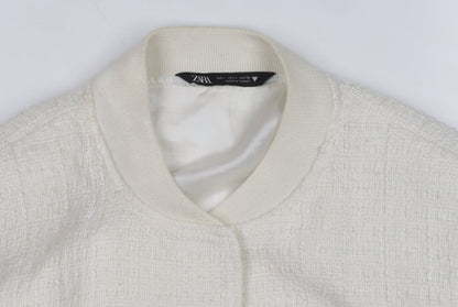ZARA Women Ivory Textured Cropped Bomber Jacket Size L