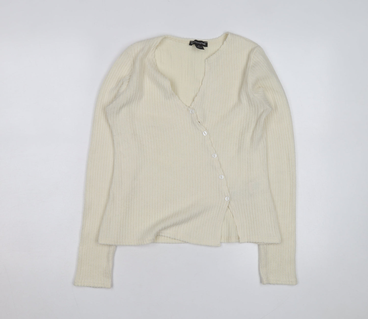 PrettyLittleThing Women Ivory Ribbed V-Neck Button Cardigan M