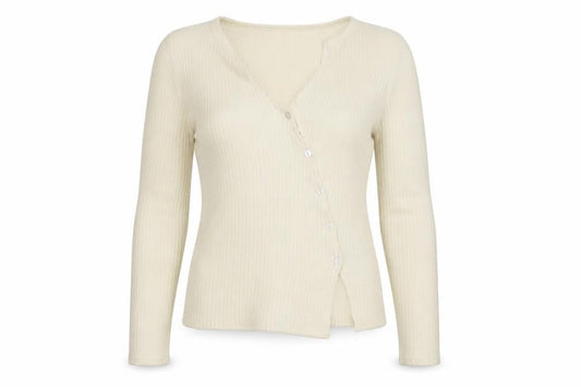 PRETTYLITTLETHING Women Ivory Ribbed V-Neck Button Cardigan M