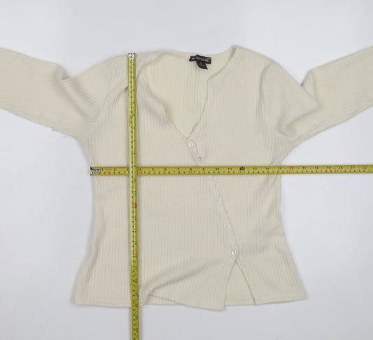 PrettyLittleThing Women Ivory Ribbed V-Neck Button Cardigan M