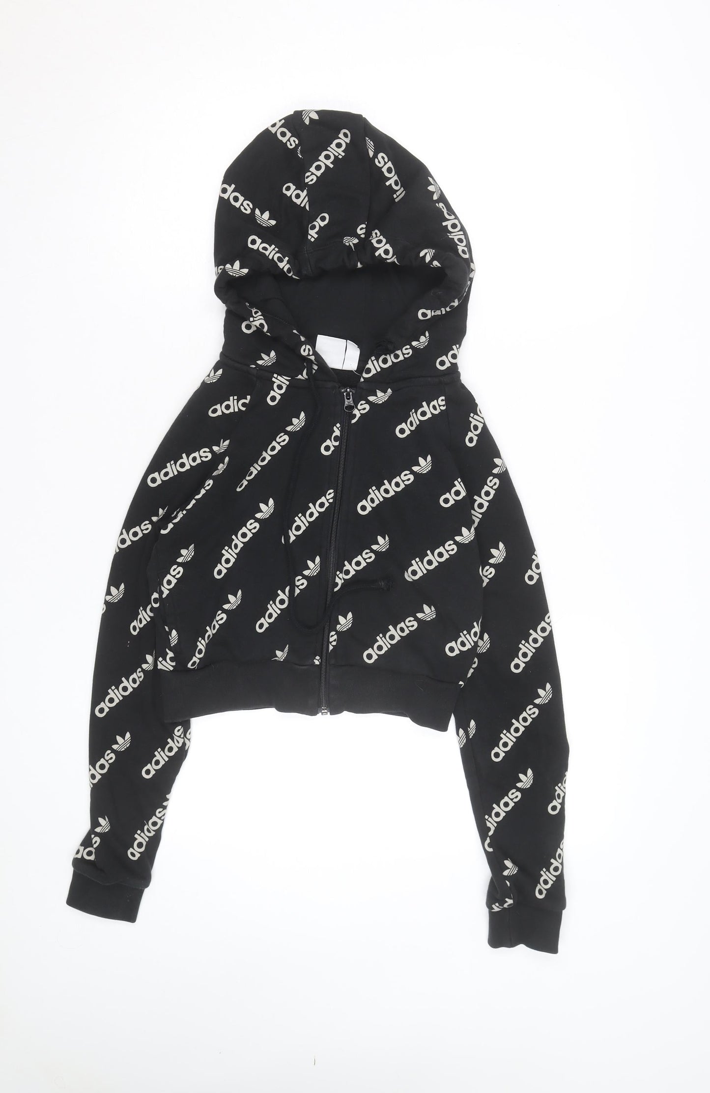 Adidas Women's Black Full Zip Hoodie Size 2XS Logo Print Cotton Blend