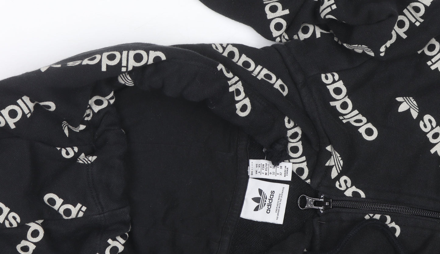 Adidas Women's Black Full Zip Hoodie Size 2XS Logo Print Cotton Blend